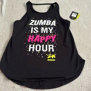 Size XS black Zumba insider tank that reads “Zumba is my happy hour”